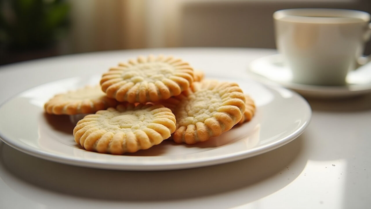Assorted butter cookies on a plate, tea cup, soft light, cozy atmosphere, lifestyle photography, 8K Biscoitos amanteigados simples com farinha de trigo.