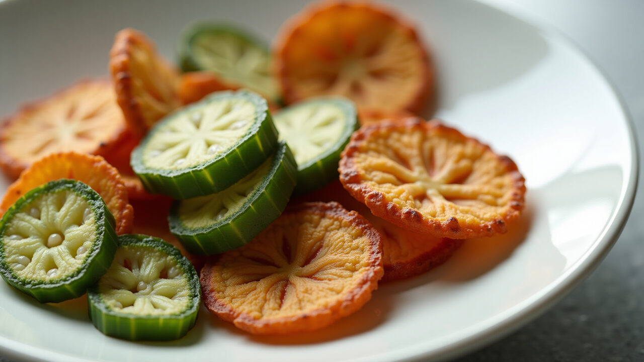 Assorted okra chips, healthy snack, natural light, 8k, professional photography, sharp focus, Chips de quiabo assado.