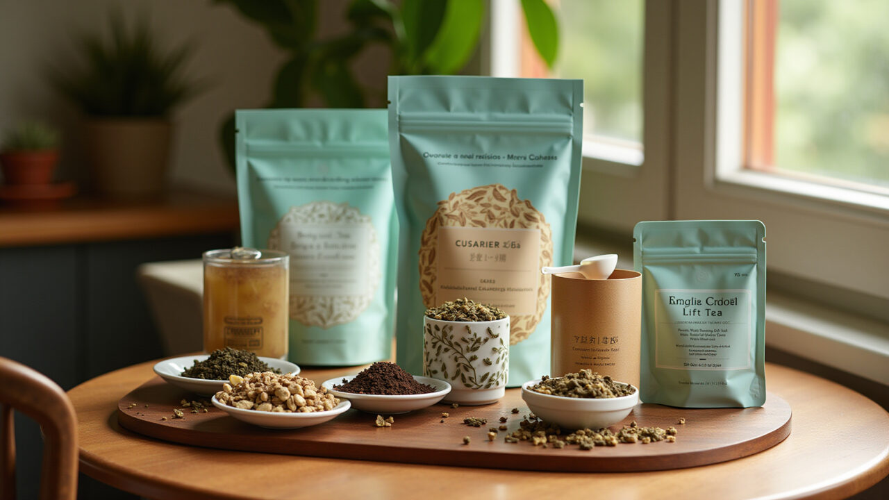 Assortment of calming teas on a wooden table, Brazilian design elements, natural lighting, 8k, Variedade de chás calmantes, experimente diferentes blends para relaxar.