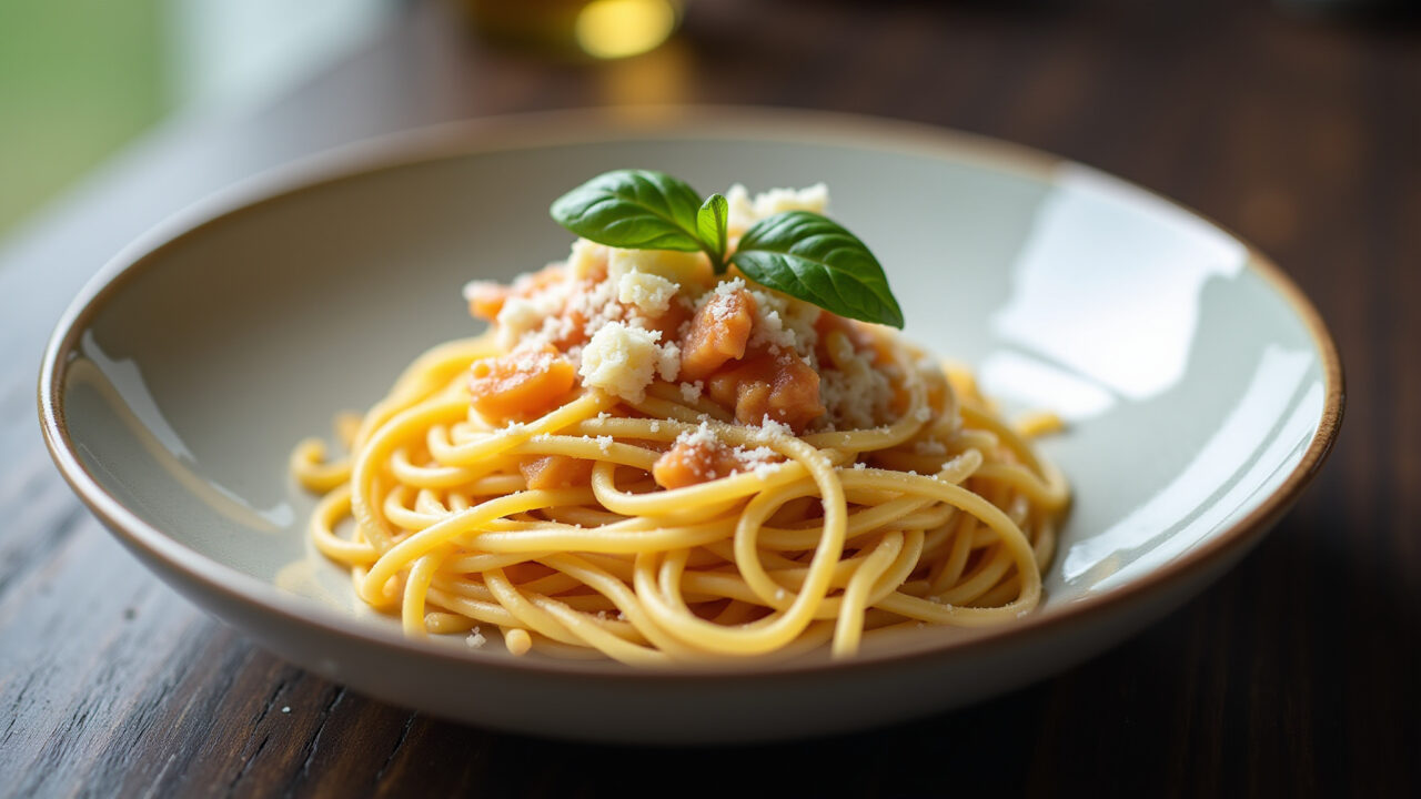 Authentic spaghetti carbonara, egg yolk, pecorino romano, guanciale, professional photography, 8K Macarrão à carbonara original.