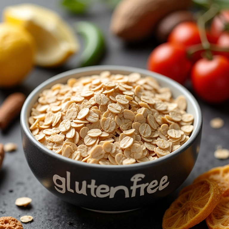 Aveia sem glúten em uma tigela com selo 'sem glúten', uma opção segura para quem tem restrições alimentares.