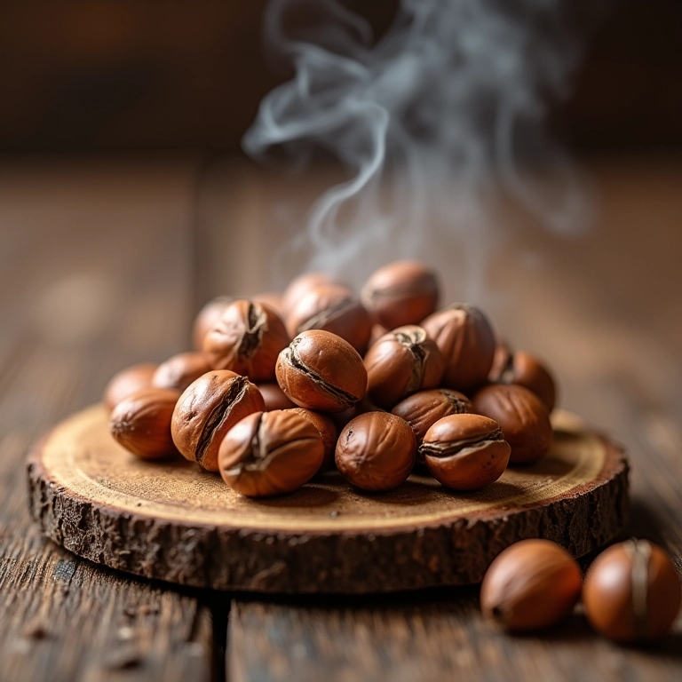 Avelãs tostadas sobre tábua de madeira rústica.