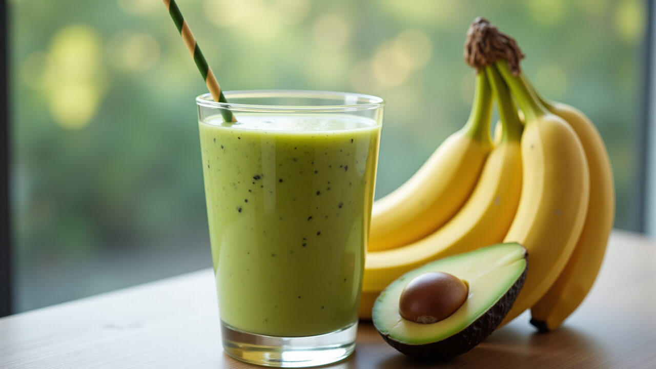 Avocado banana smoothie, glass, vibrant, professional photography, 8K, sharp focus, natural Smoothie de abacate e banana nutritivo.