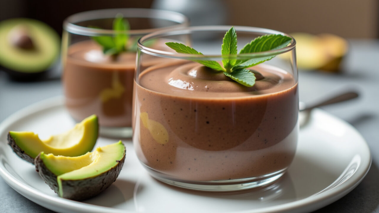 Avocado chocolate mousse, dessert, professional photography, 8K, sharp focus, natural lighting, Mousse de abacate com cacau saudável.