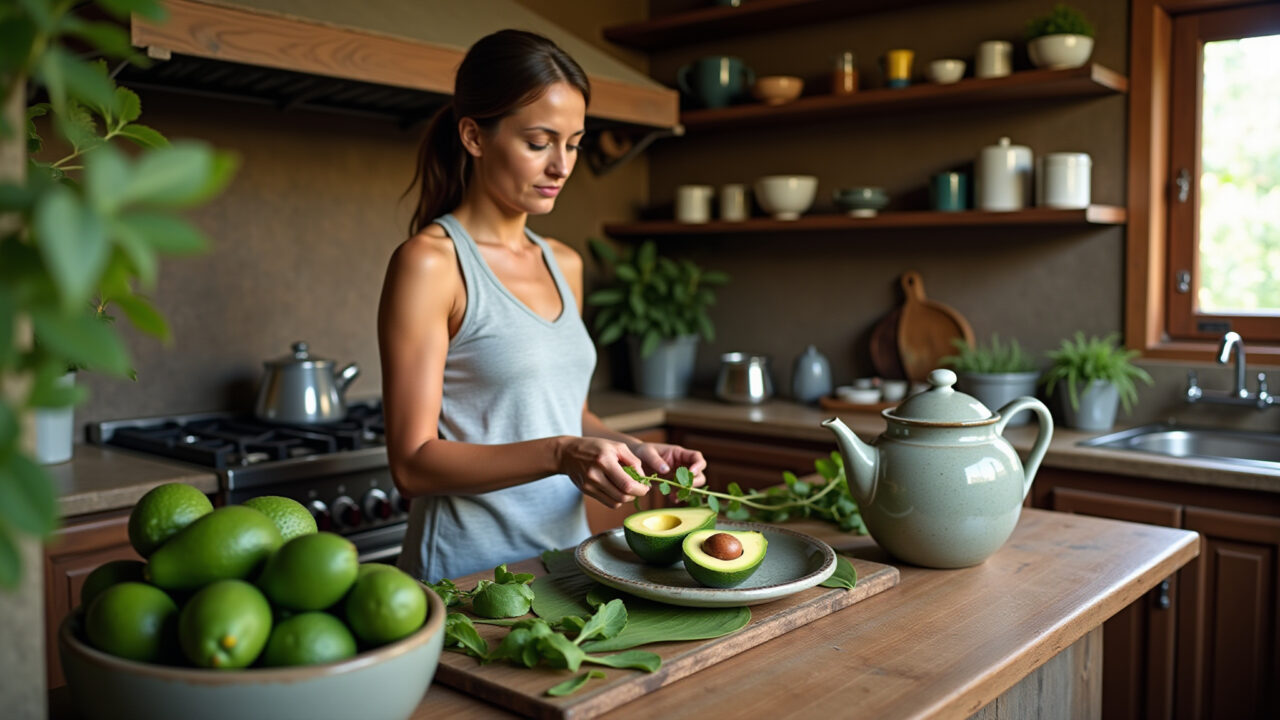 Avocado leaves tea preparation, rustic kitchen setting, Brazilian style, woman preparing the tea, Preparo do chá de folha de abacate em cozinha rústica.