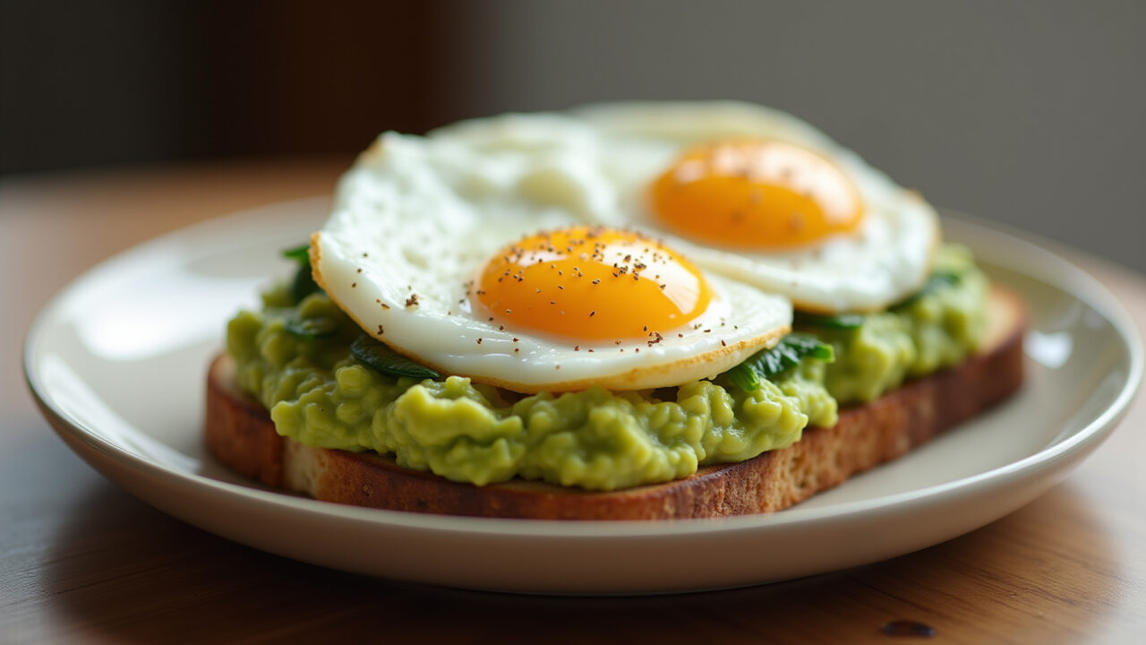 Avocado mashed with egg, toast, professional photography, 8K, sharp focus, natural lighting, Abacate amassado com ovo cozido na torrada.