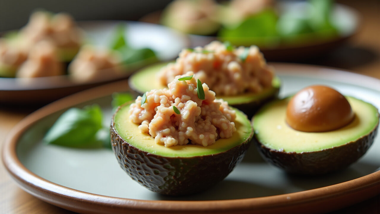 Avocado stuffed with tuna, lunch, professional photography, 8K, sharp focus, natural lighting, Abacate recheado com atum, opção criativa.