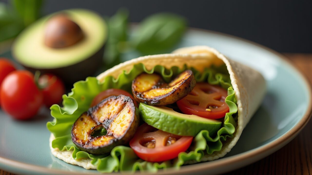 Avocado wrap with grilled vegetables, professional photography, 8K, sharp focus, natural lighting, Wrap de abacate com legumes grelhados.