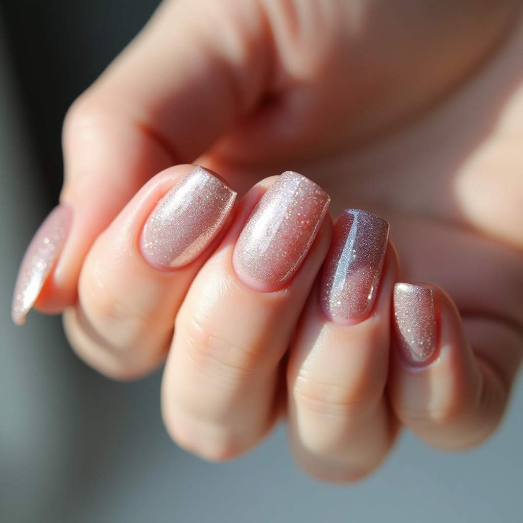 Baby boomer nails with a subtle glitter gradient at the color transition, professional photography, Unha baby boomer com brilho sutil.