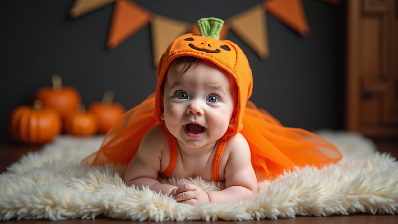 Baby in pumpkin costume, lying on a blanket, natural lighting, soft focus, 8K quality, professional Bebê fofo fantasiado de abóbora para Halloween.
