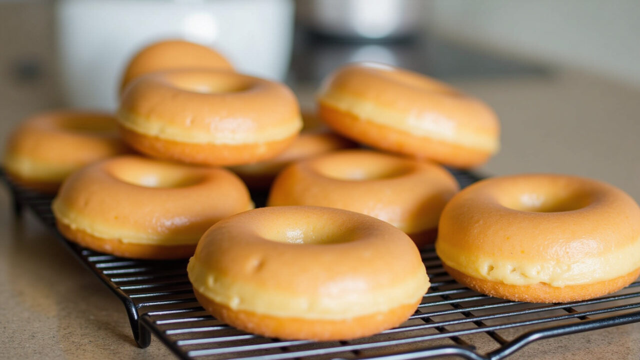 Baked donuts, golden brown, cooling rack, kitchen setting, natural light, healthy option, 8K, Donuts assados, opção mais leve.