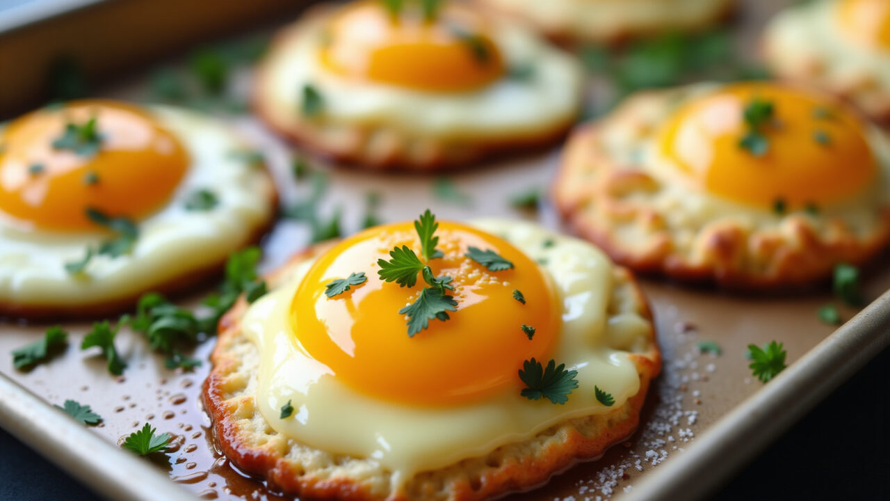 Baked egg clouds with runny yolks, sprinkled with parsley, on a baking sheet, natural light, 8k, Nuvens de ovo assadas com gemas moles.