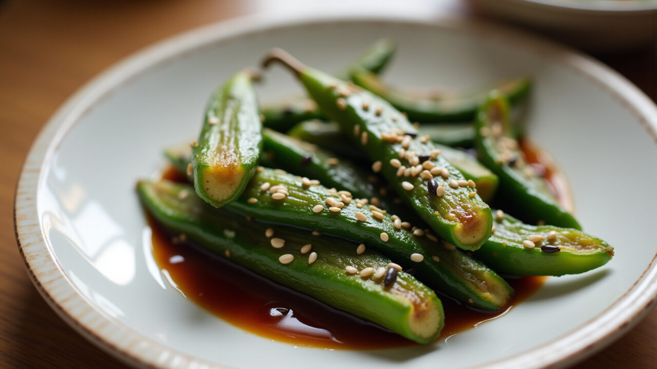Baked okra with soy sauce and sesame seeds, Asian-inspired, close-up shot, elegant plate, natural Quiabo com shoyu e gergelim.