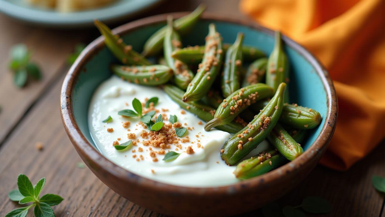 Baked okra with yogurt sauce, refreshing dip, bright colors, rustic bowl, natural light, commercial Quiabo com molho de iogurte.
