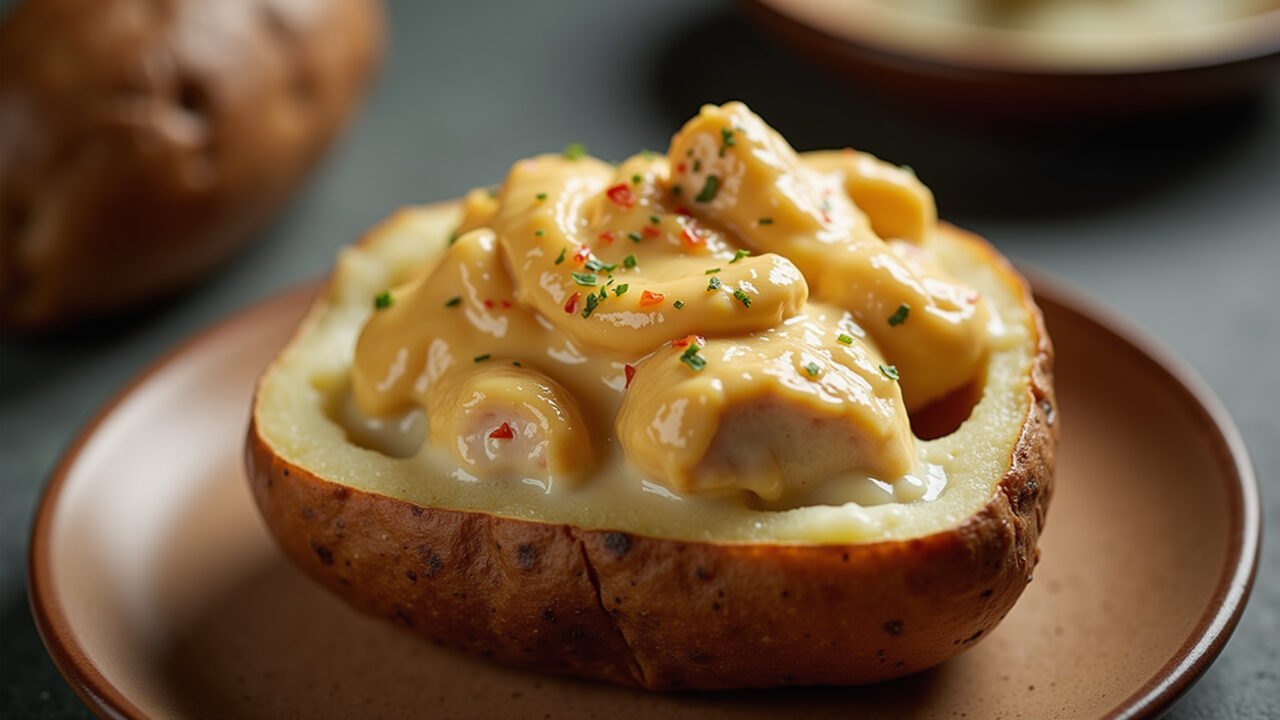 Baked potato stuffed with creamy chicken and requeijão, golden crust, professional photography, 8K Batata recheada com frango cremoso e requeijão, gratinada.