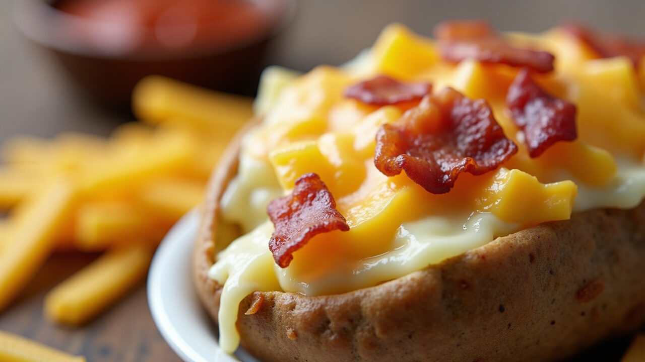 Baked potato with cheese and bacon, stuffed, golden crust, close-up, comfort food, 8K quality, Batata recheada com queijo e bacon, uma delícia para compartilhar.