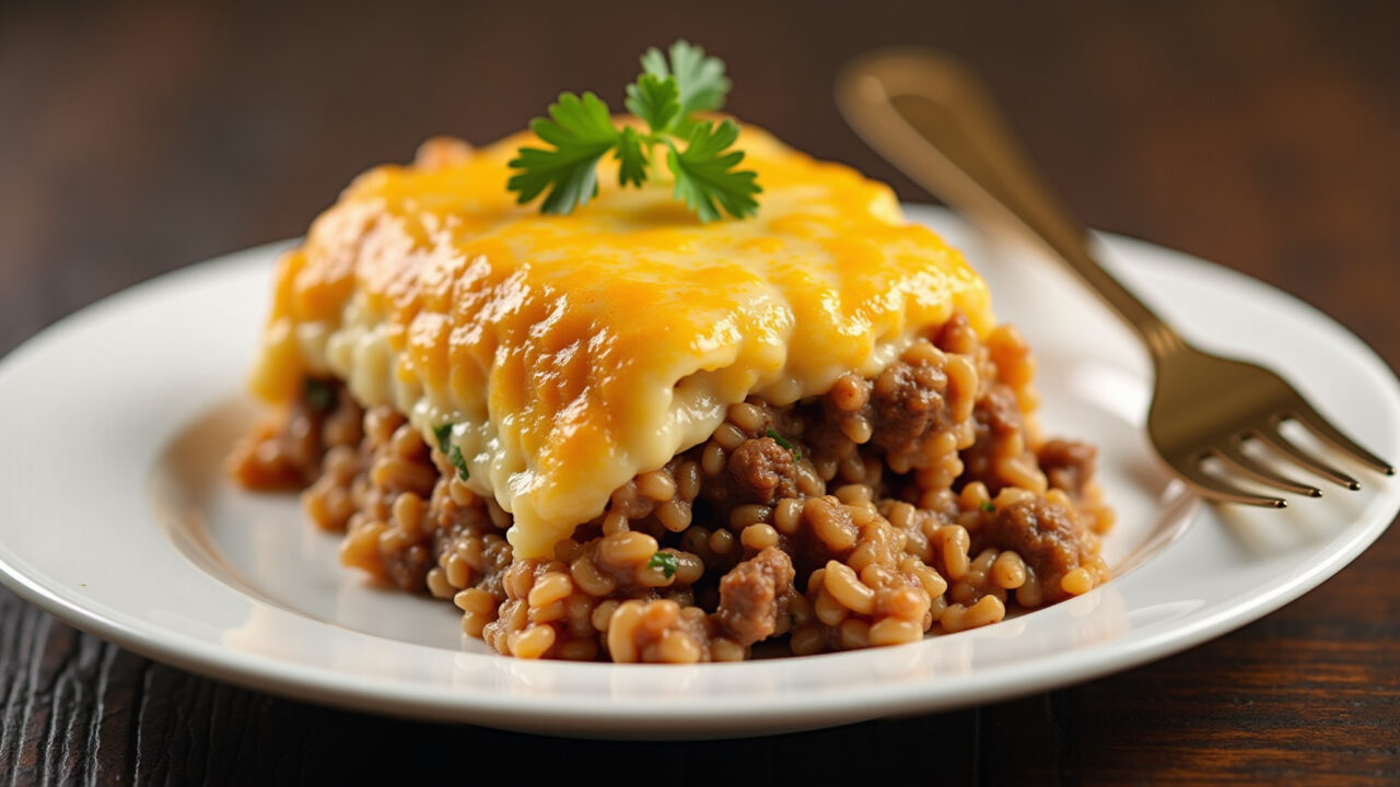 Baked rice with ground beef, cheese gratin, leftover rice, creative recipe, brazilian cuisine, 8k, Arroz de forno com carne moída.