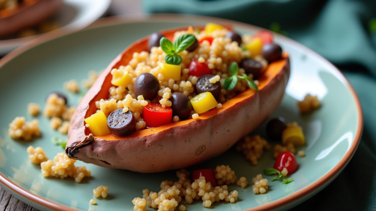 Baked sweet potato stuffed with quinoa, colorful vegetables, vegan, natural light, 8K quality, Batata doce recheada com quinoa e legumes.