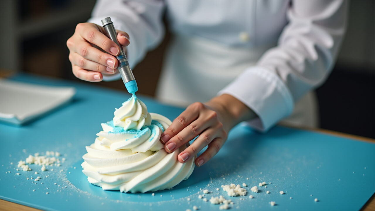 Baker carefully adding gel food coloring to whipped cream, mixing gently to achieve the desired Colorindo chantilly com corante em gel
