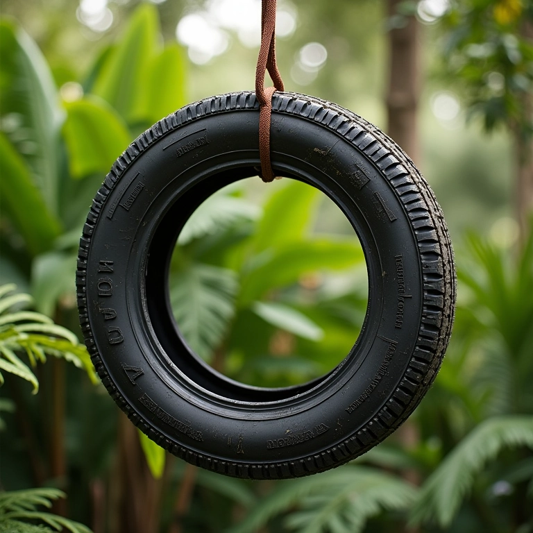 Balanço feito com pneu velho pendurado em um jardim brasileiro exuberante.