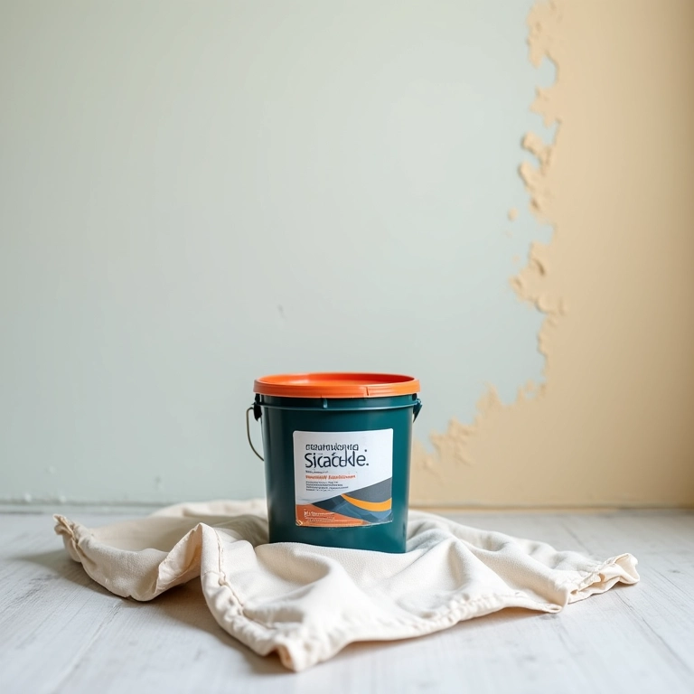 Balde de massa corrida Suvinil em close-up com parede parcialmente coberta.