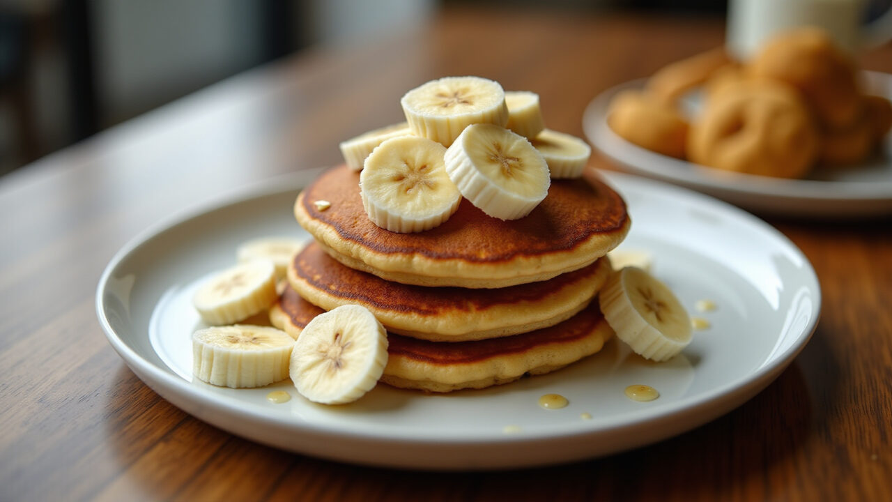 Banana pancake with whey protein, breakfast scene, lifestyle photography, 8K quality, sharp focus, Panqueca de banana com whey protein no café da manhã.