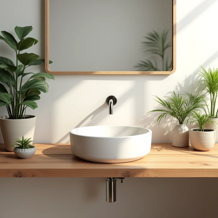 Bancada de madeira maciça com cuba branca.