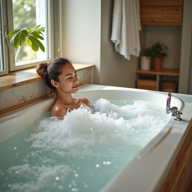 Banheira jacuzzi de tamanho ideal em banheiro moderno.