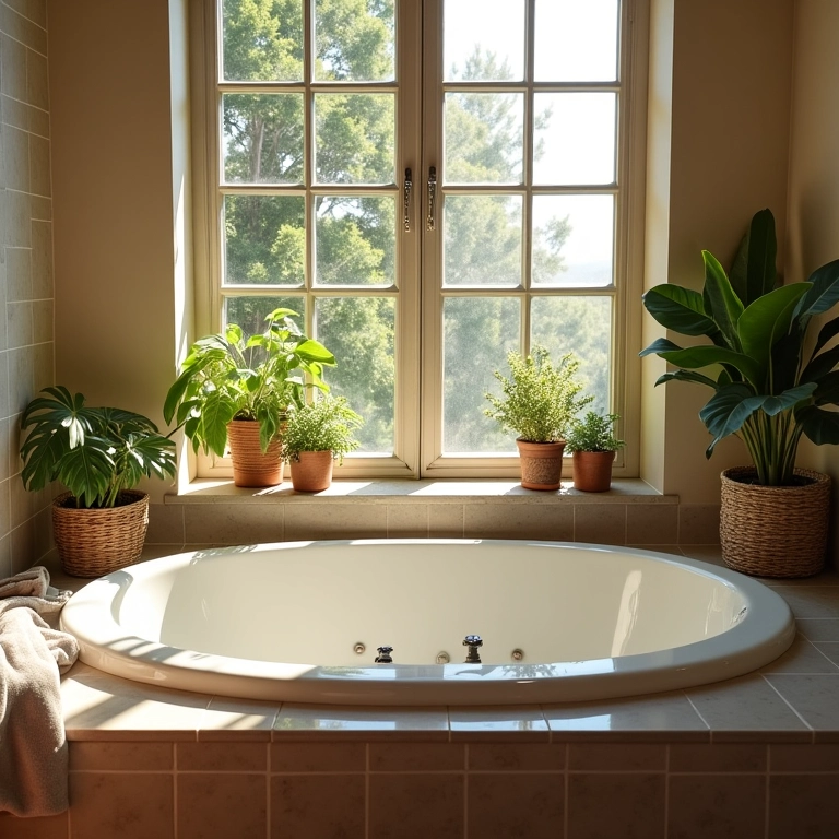 Banheira jacuzzi instalada perto de uma janela com luz natural.