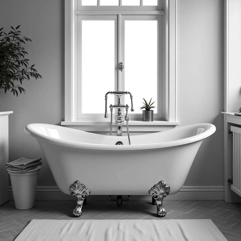 Banheiro preto e branco com banheira vintage de pés.