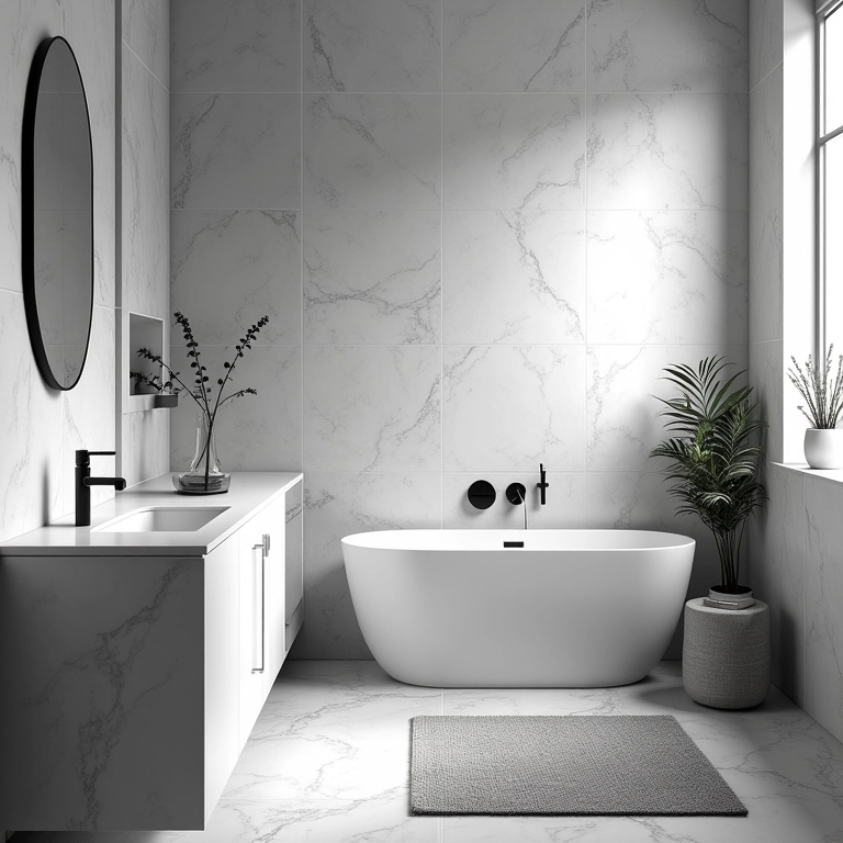 Banheiro preto e branco com diferentes texturas, incluindo azulejos lisos e tapete texturizado.