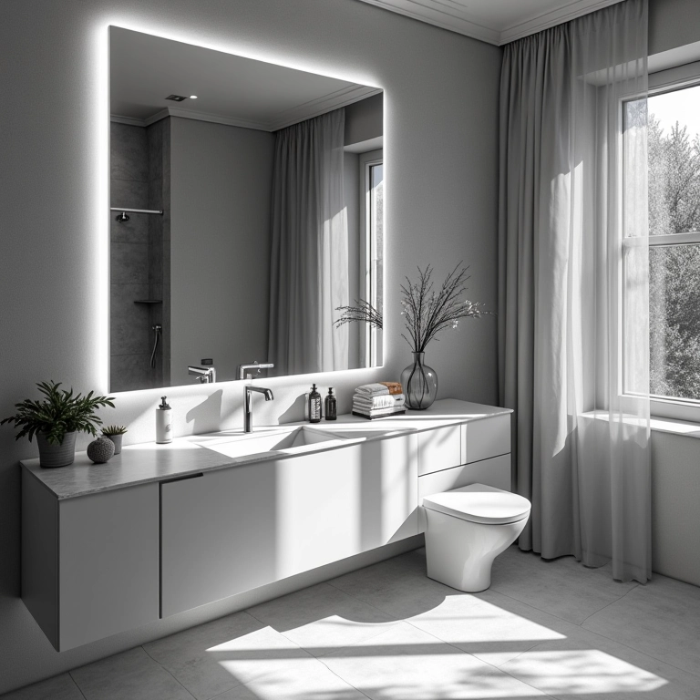 Banheiro preto e branco com espelho amplo refletindo todo o espaço.