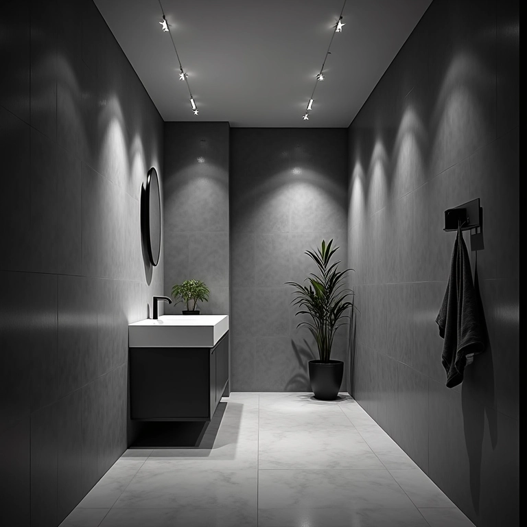 Banheiro preto e branco com iluminação estratégica destacando áreas importantes.