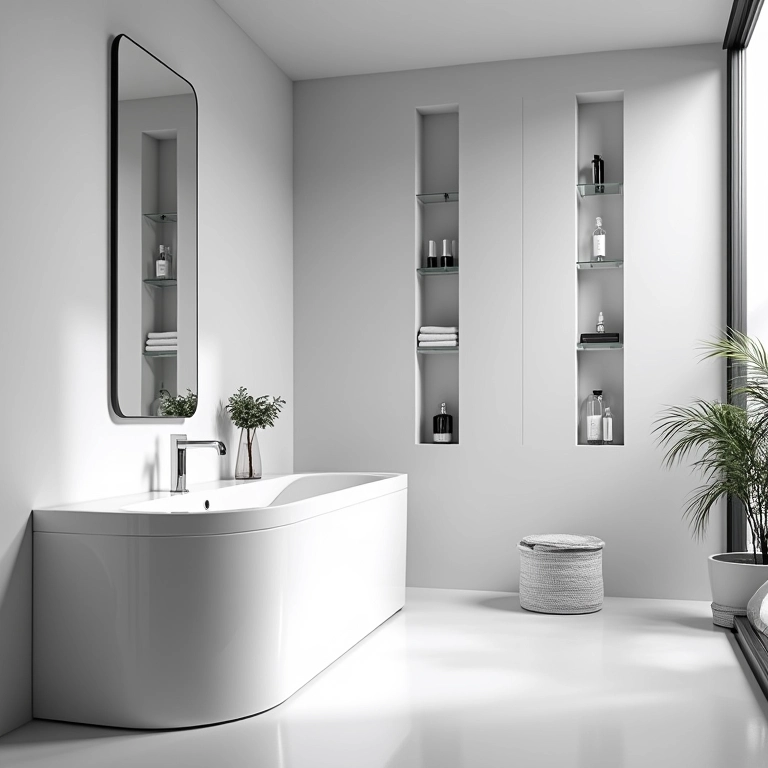 Banheiro preto e branco com nichos embutidos para armazenamento.