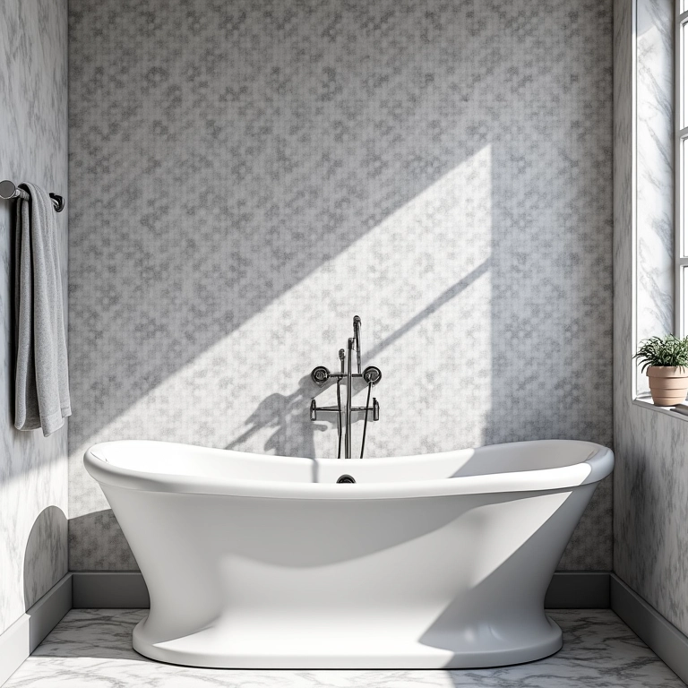 Banheiro preto e branco com papel de parede estampado estiloso.