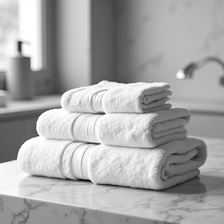 Banheiro preto e branco com toalhas elegantes dobradas.