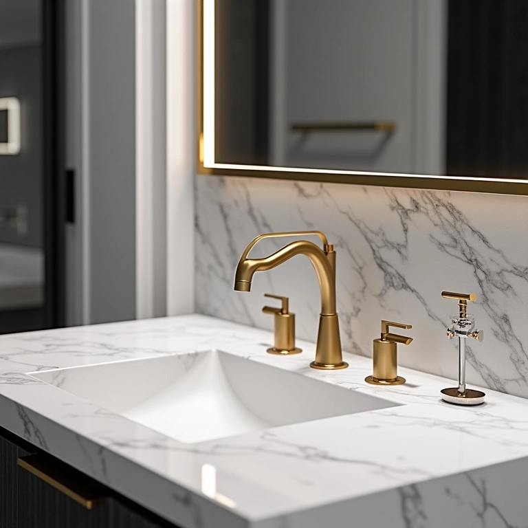 Banheiro preto e branco com torneira dourada e moldura de espelho dourada.