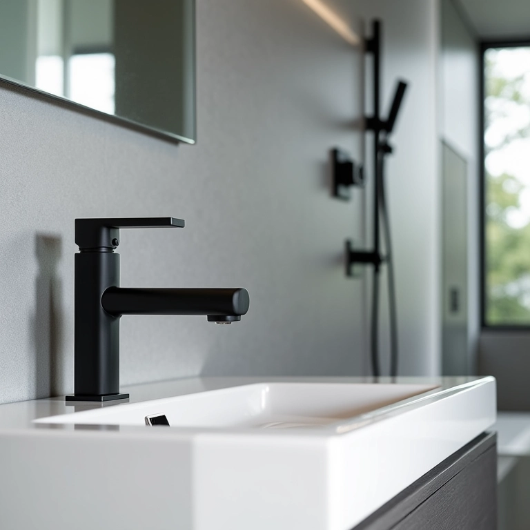 Banheiro preto e branco moderno com torneira e chuveiro pretos.