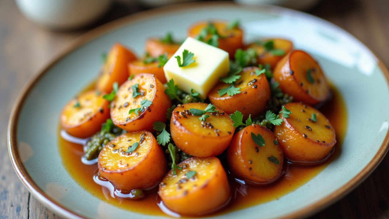 Batata sauté, golden brown, herbs, butter, French cuisine, elegant plating, 8K quality, lifestyle Batatinha sauté, dourada e saborosa, acompanhada de ervas frescas.