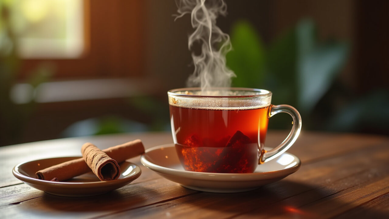 Bay leaf and cinnamon tea, steaming cup, cinnamon stick, warm colors, cozy atmosphere, Brazilian Chá de louro e canela fumegante.