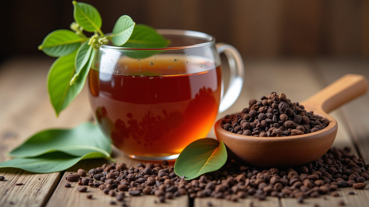 Bay leaf and clove tea, aromatic spices, close-up shot, rustic setting, natural remedy, 8k, Chá de louro com cravo da índia.