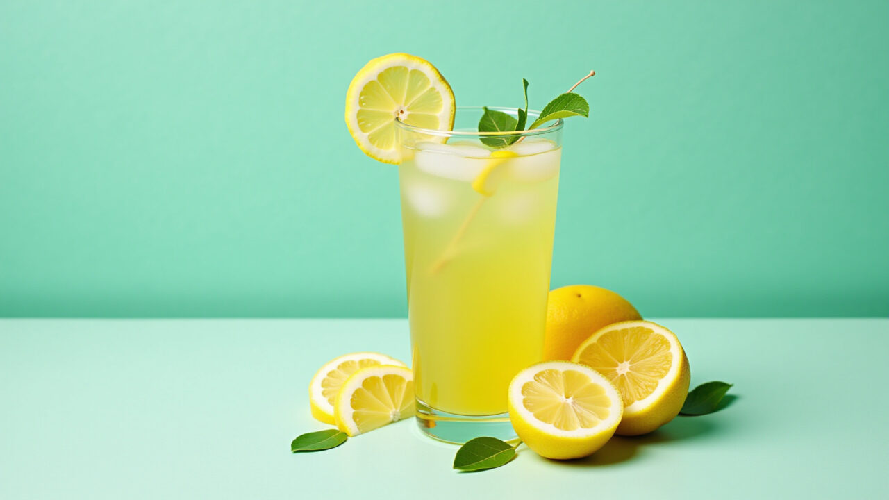 Bay leaf and lemon detox tea, refreshing drink, lemon slices, bright background, detox, 8k, Chá de louro e limão detox.