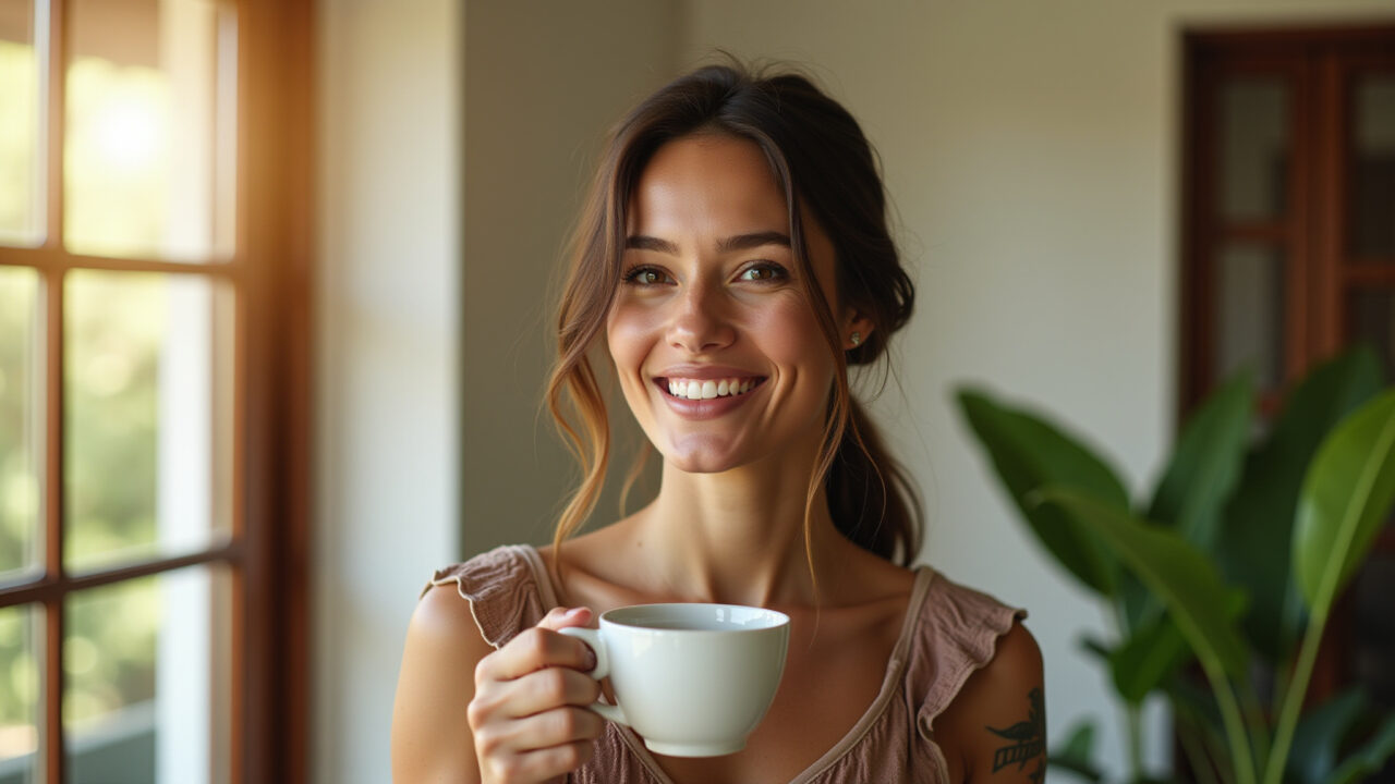 Bay leaf tea benefits, woman enjoying a cup, bright sunny morning, Brazilian home, healthy Mulher sorrindo bebendo chá de louro.