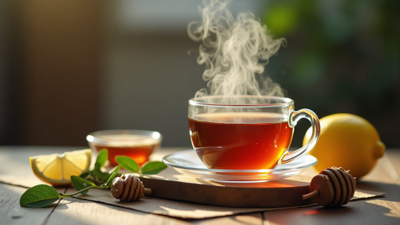 Bay leaf tea for cough and flu, steaming cup, honey, lemon, comforting scene, natural remedy, 8k, Chá de louro para tosse e gripe.