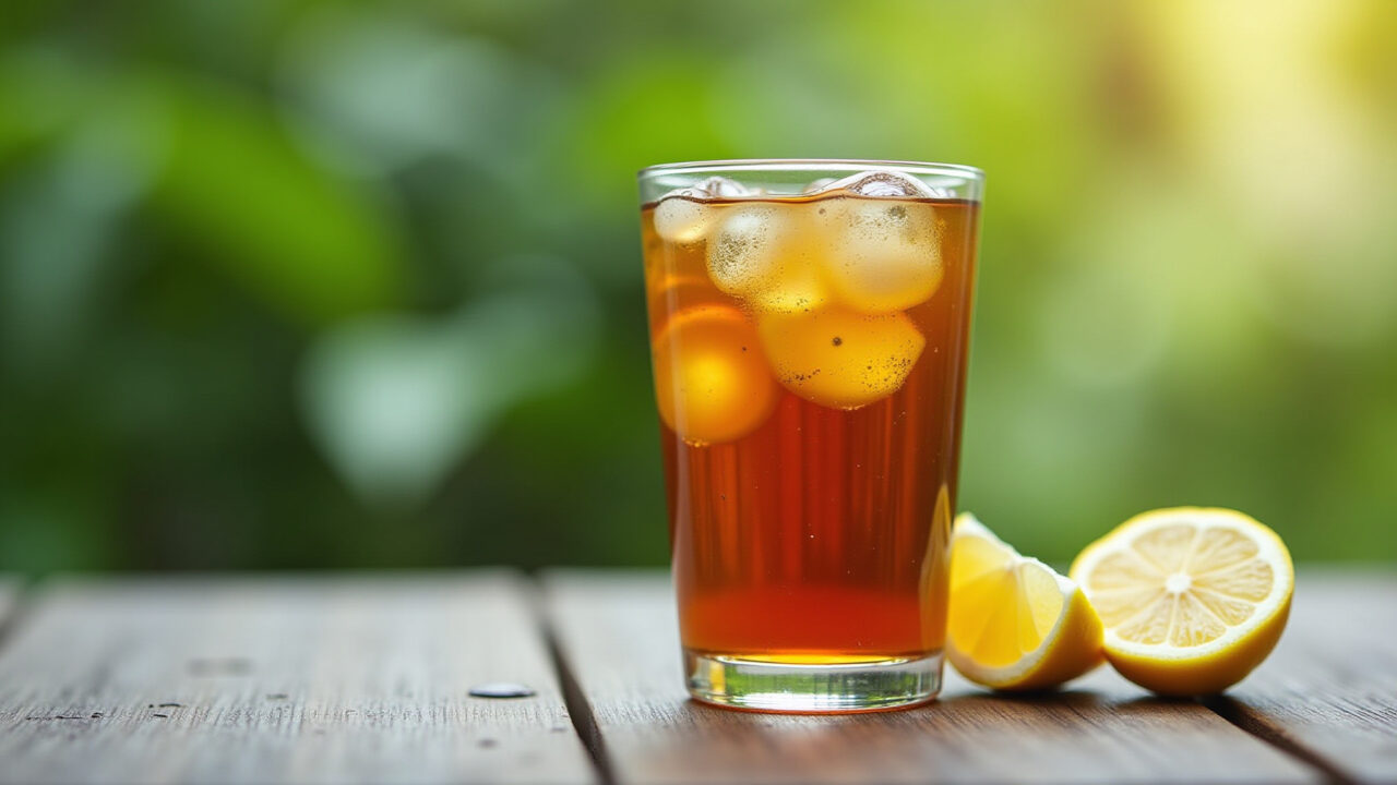 Bay leaf tea for diet, glass of iced tea, lemon slice, outdoor setting, weight loss, 8k, Chá de louro gelado com limão para dieta.