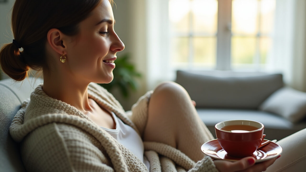 Bay leaf tea for menstrual cramps, woman relaxing with tea, cozy living room, soft lighting, Mulher relaxando com chá de louro para cólicas.