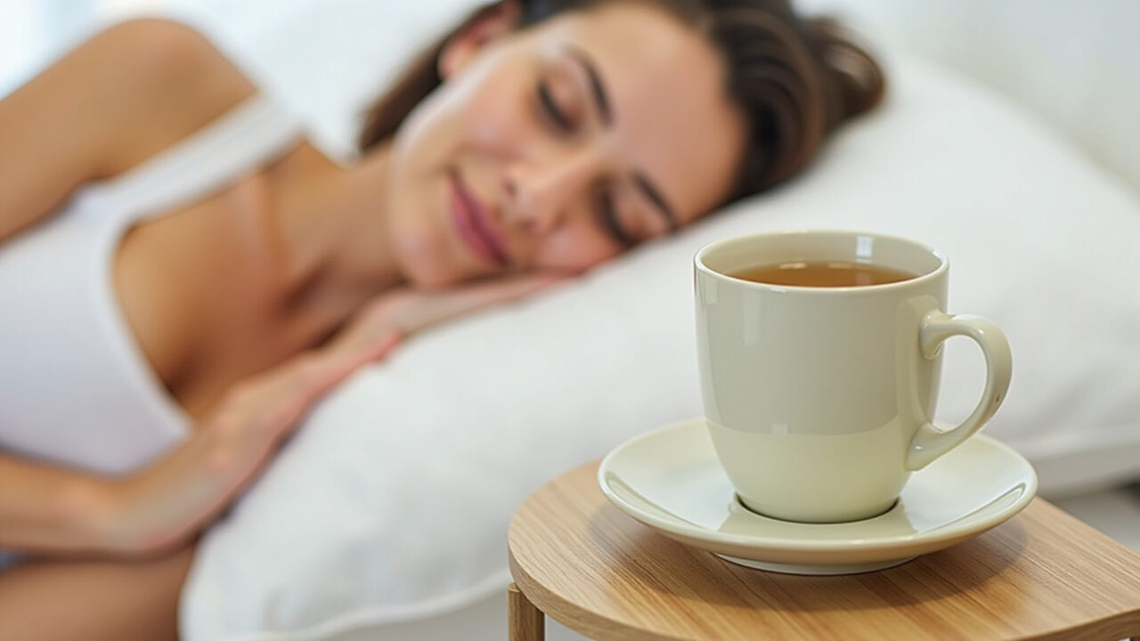 Bay leaf tea for sleep, woman sleeping peacefully, cup of tea on nightstand, soft lighting, Mulher dormindo tranquilamente com chá de louro.