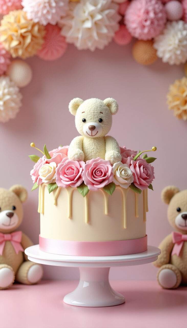 Beauty and the Beast baby shower, soft colors, teddy bears, ribbons, pastel flowers, enchanted rose Chá de bebê A Bela e a Fera com cores suaves, ursinhos e flores.