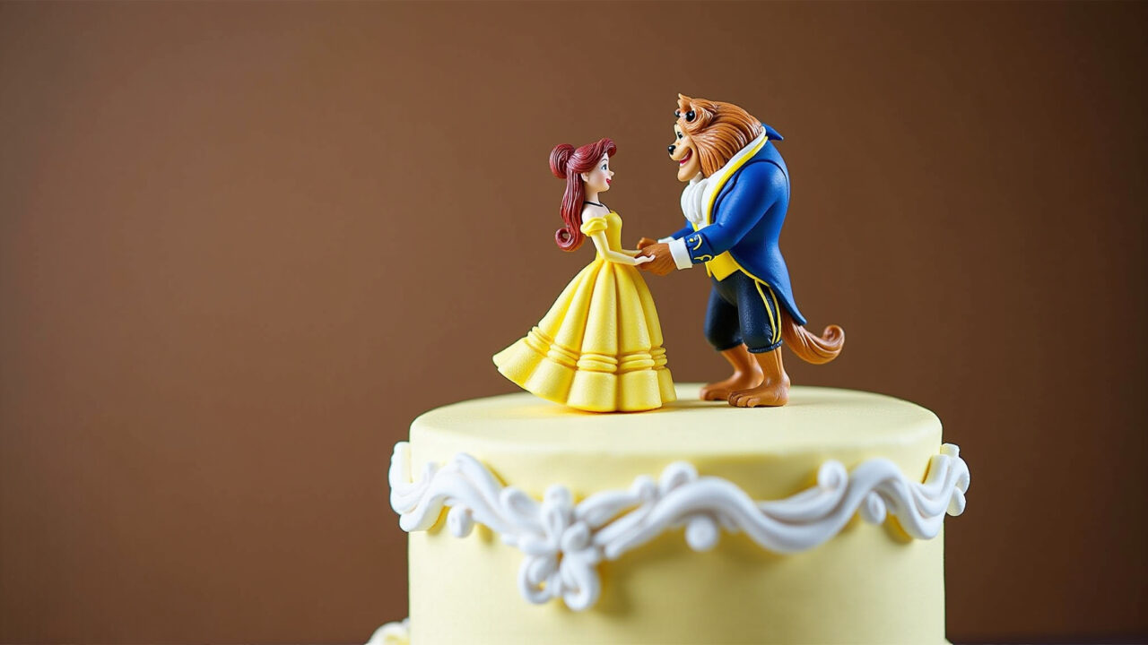 Beauty and the Beast cake, custom topper, elegant design, 8K quality, professional photography, Bolo A Bela e a Fera com topper personalizado.