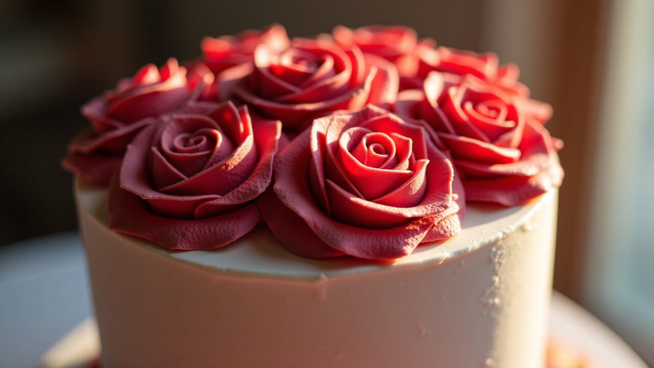 Bolo A Bela e a Fera com rosas vermelhas.
